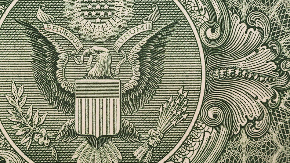 Primer plano del águila en un billete de dólar estadounidense para representar un informa sobre inflación y economía.